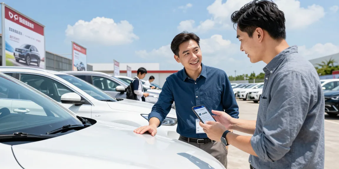 Instant car history check UK at a dealership, buyer reviewing report with sales representative.