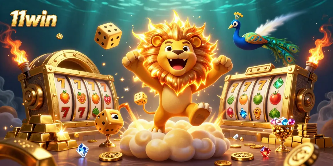 Experience the excitement of 11win's vibrant casino world with a roaring lion amidst golden treasures.