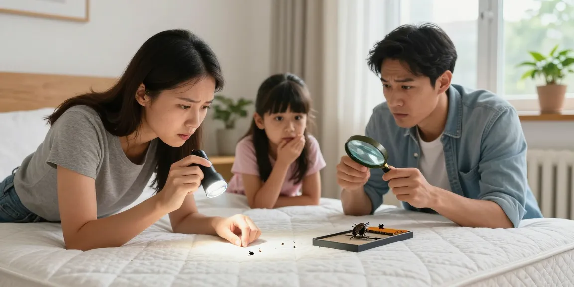 Bed bug exterminators inspecting a home for infestations with a family in concern.