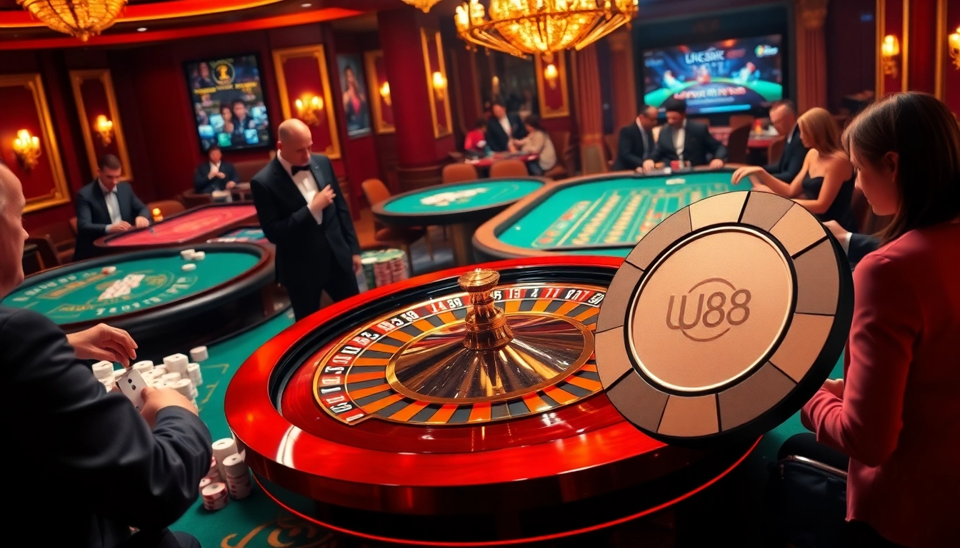 Experience the excitement of U88 as players engage in thrilling casino games at stylish tables.