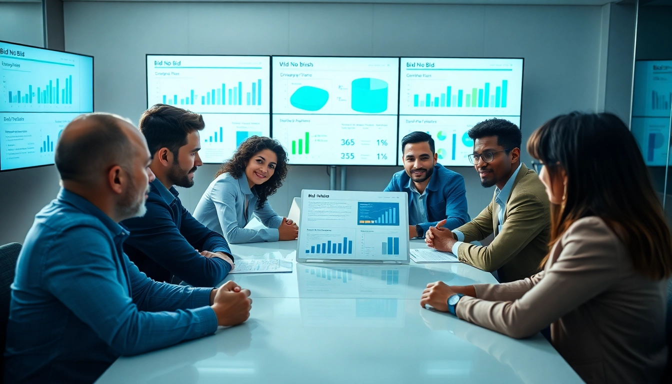 Illustration of a team conducting a Bid No Bid Analysis in a modern conference room.