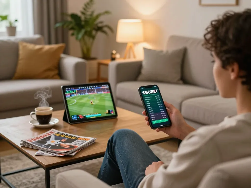 Taruhan olahraga SBOBET di smartphone sambil bersantai di rumah menunjukkan pengalaman taruhan yang dinamis.