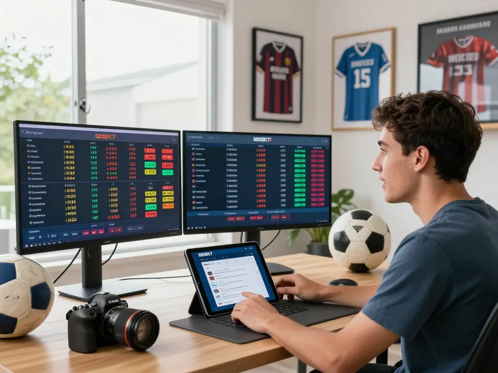 SBOBET enthusiast engaging with sports betting setup at home office.