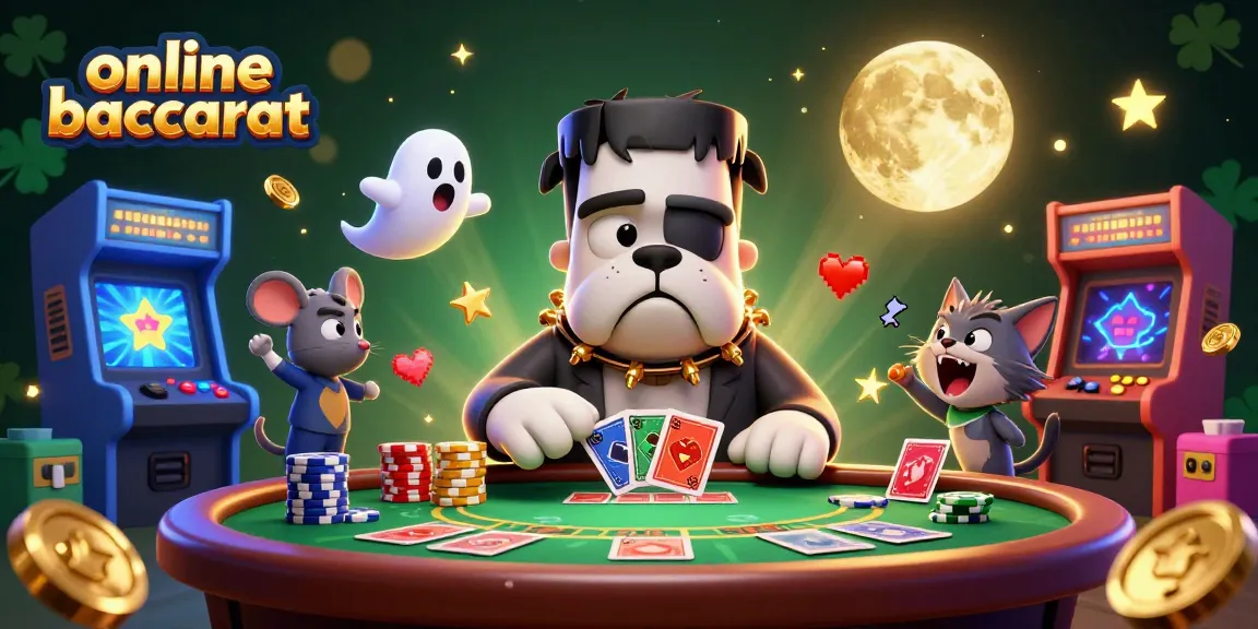 Engage in online baccarat with a 3D cartoon bulldog dealer at a spooky table bustling with animated characters.