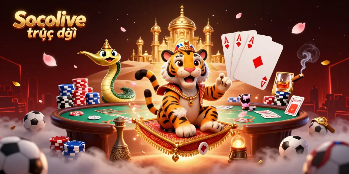 Socolive trực tiếp, an enchanting scene showcasing a tiger sultan with sports elements, vibrant colorful chips and engaging casino action.