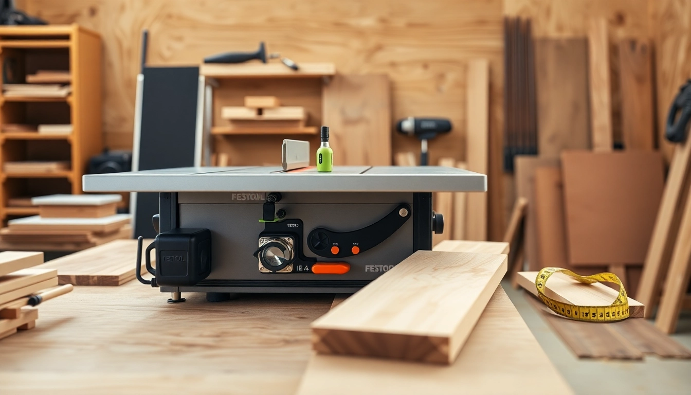 Carpenters using the Festool table saw for precise wood cutting.