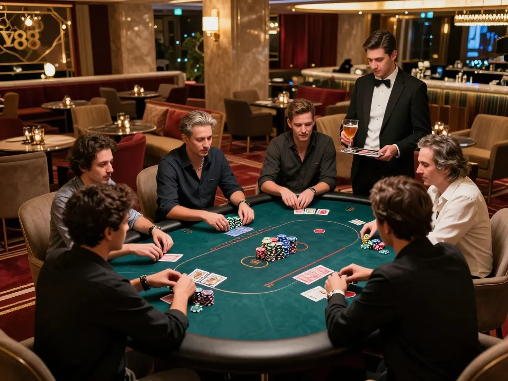 Experience the thrill of LV88 VIP gaming in an exclusive casino lounge with plush seating and high-stakes action.