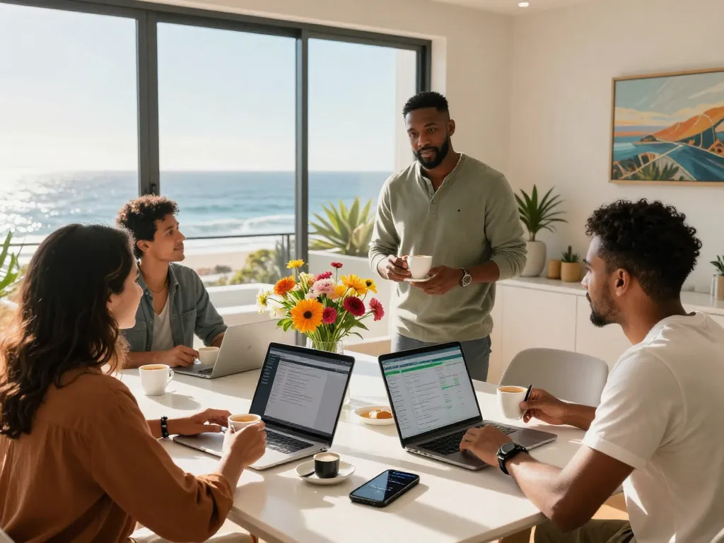 Engaging scene of airbnb management cape town with a local host and guests enjoying coffee in a stylish apartment.