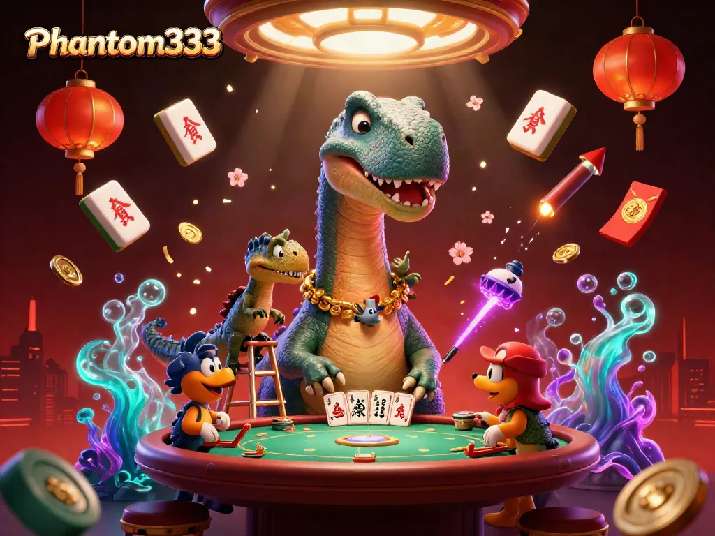 Experience the thrill of Phantom333 with a vibrant and engaging casino illustration featuring a towering brontosaurus.