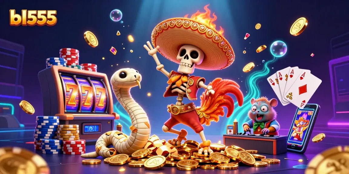 Experience bl555's vibrant casino atmosphere featuring a dancing skeleton rooster, mummy snake, and DJ hamster amidst sparkling coins and slots.
