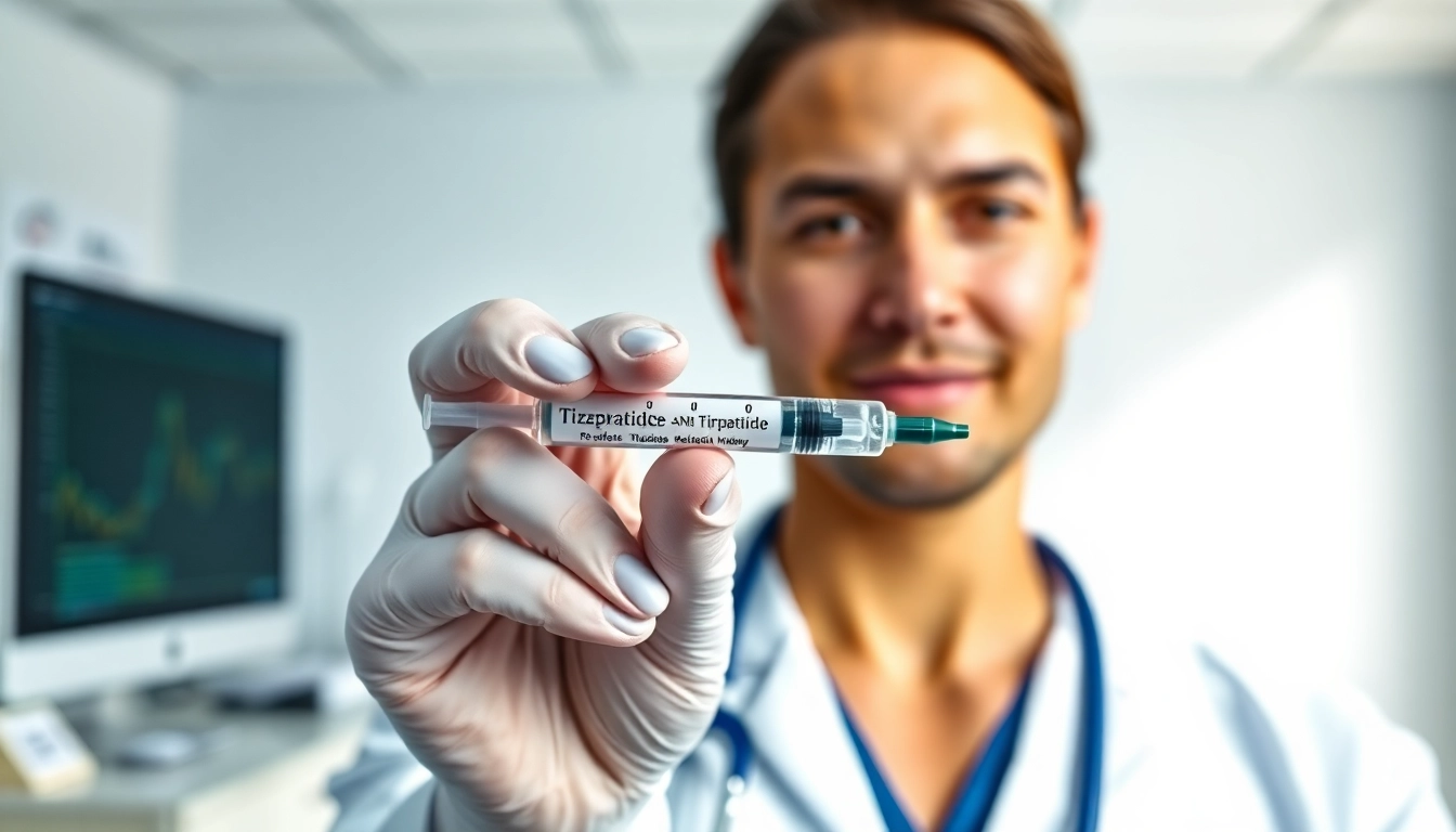 Tirzepatide syringe held by a healthcare professional in a bright clinic.
