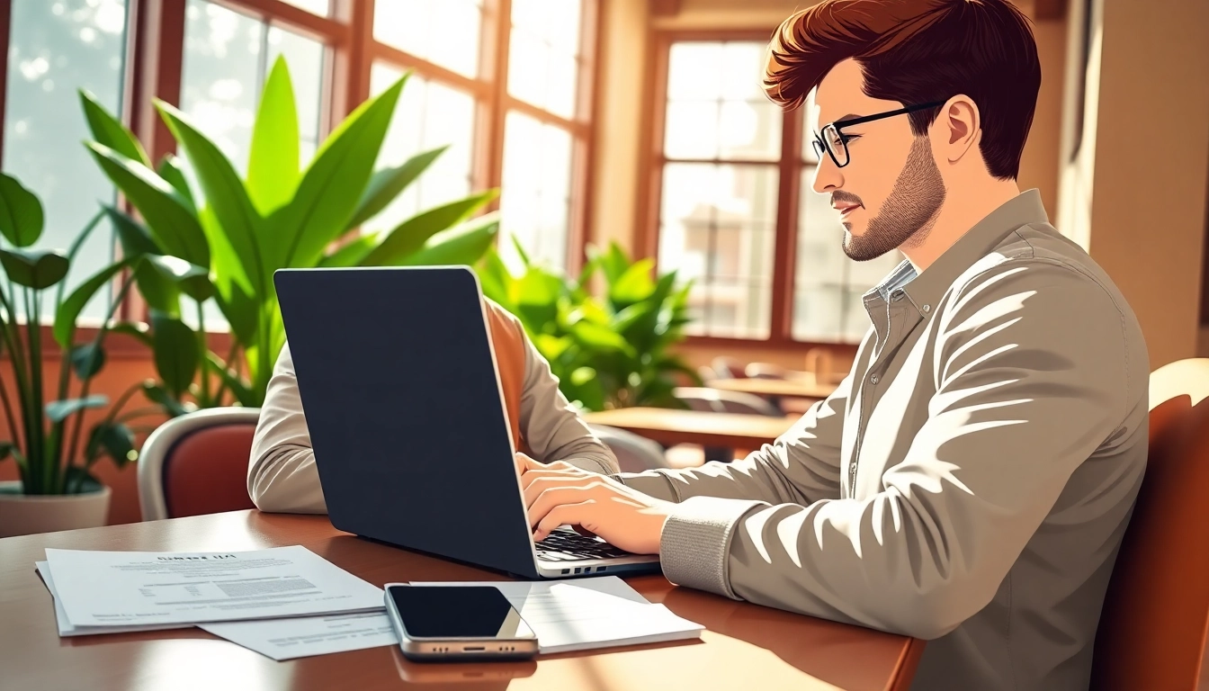 Engaging scene of the uk eta online application showcased by a young traveler in a vibrant café setting.