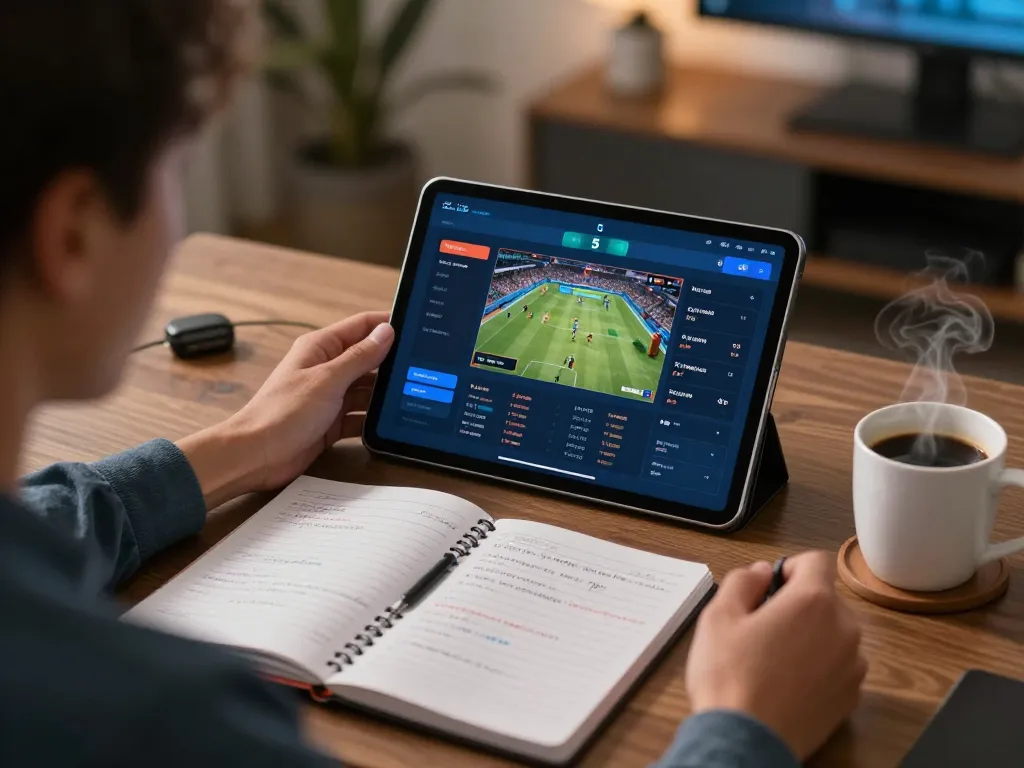 Tỷ lệ kèo nhà cái 5 displayed on a tablet, embodying the thrill of online sports betting in a stylish home setting.