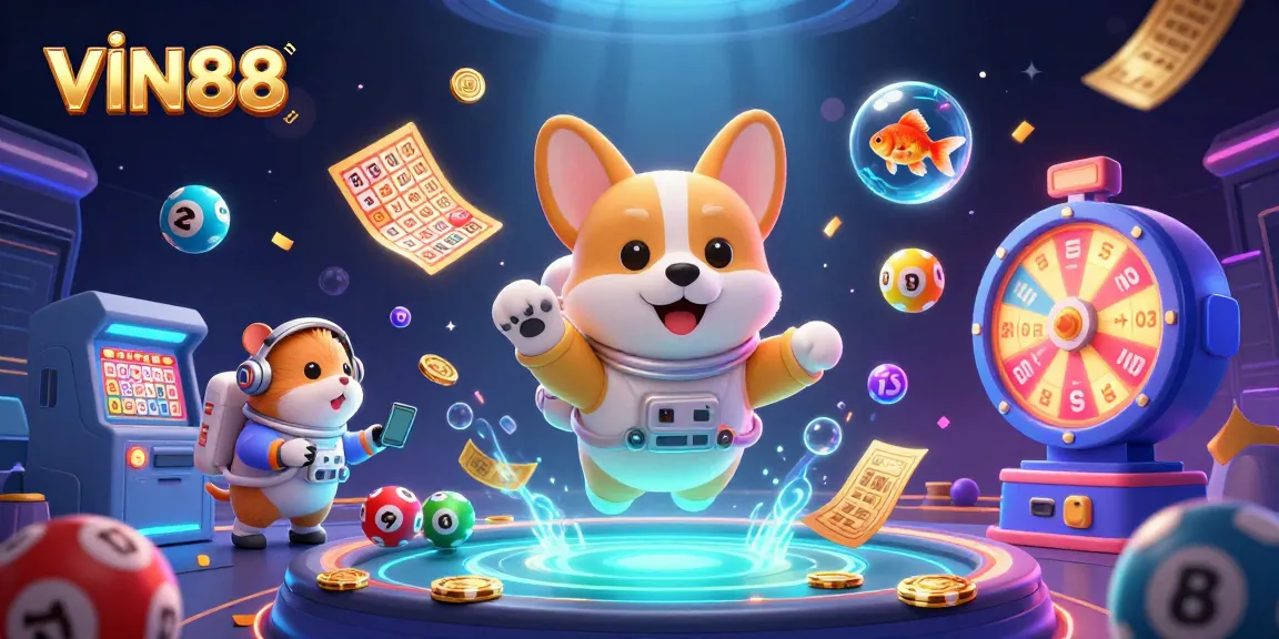 Join VIN88's gaming adventure with a cartoon astronaut corgi in a lively space casino scene.