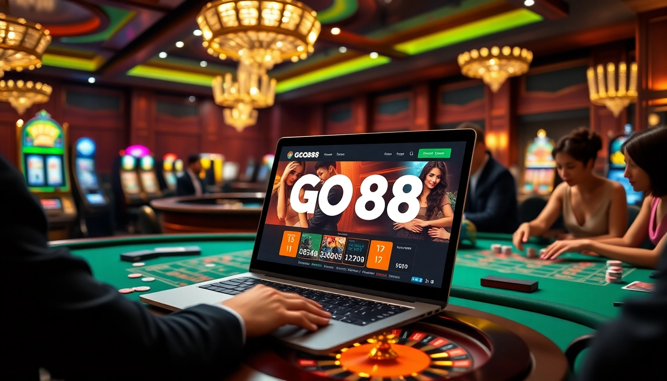 Experience the thrill of GO88 online gaming with a vibrant casino scene featuring roulette, poker, and slots.