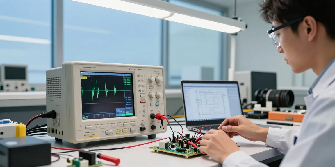 Engineer analysing waveforms on a Portable Oscilloscope at a bright, high-tech workshop.