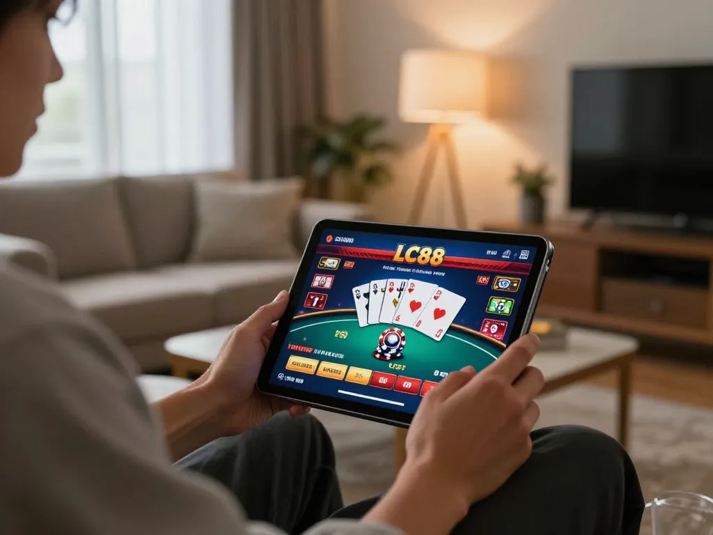 Engaging lc88 đăng nhập on a tablet in a cozy home setting, with a vibrant poker game display.