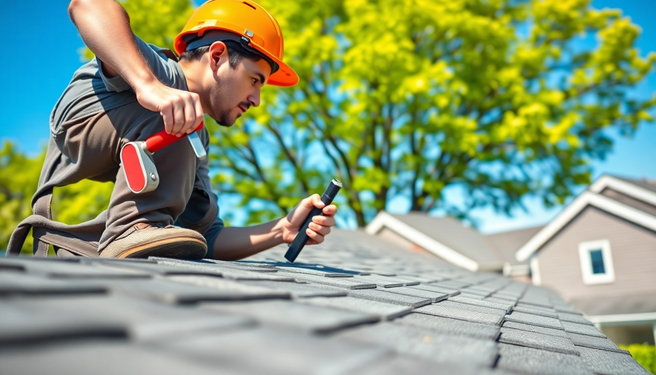 Experienced roofing contractor assessing a residential rooftop with precision tools.
