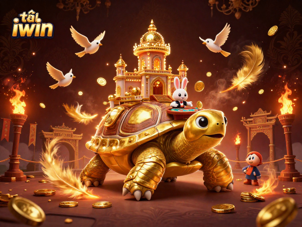 Play to win big with tải iwin, featuring a vibrant casino scene with golden tortoise and dealer.