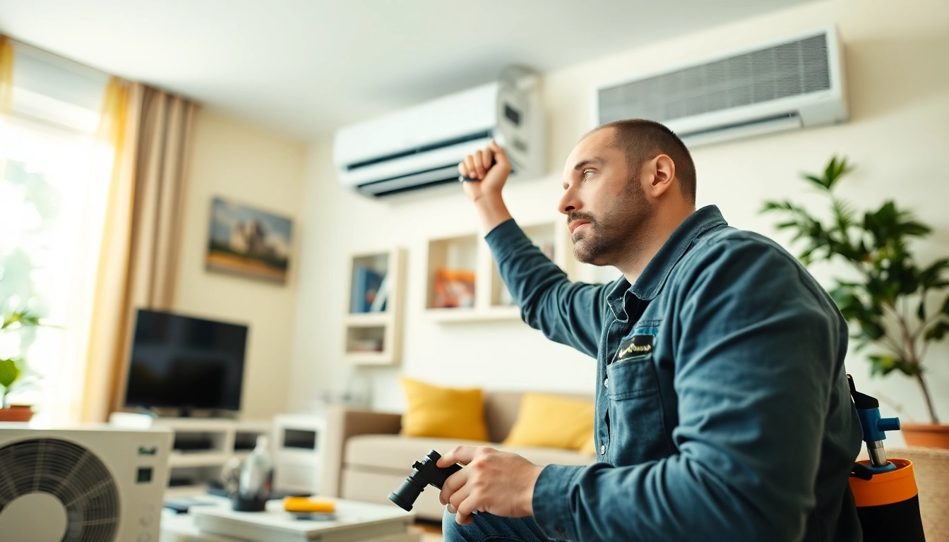 Providing Air Conditioning Repair Tampa service with an expert technician in a well-lit home.