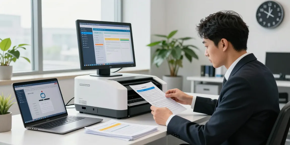 Professional examining documents for document fraud detection in a modern office.
