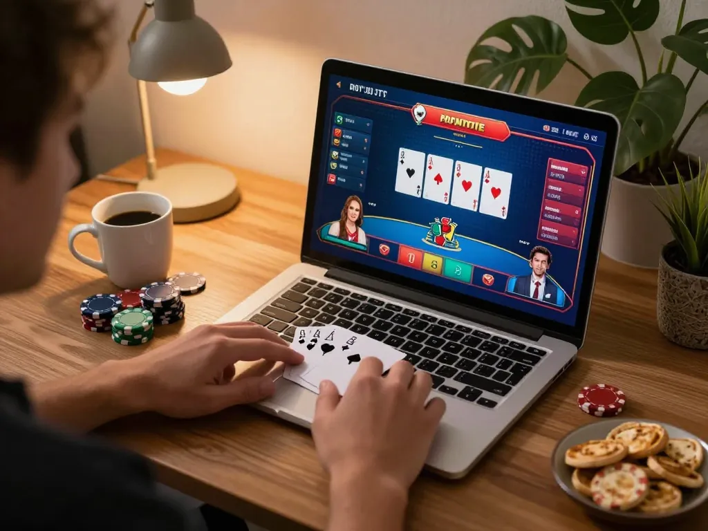 Watch players engage in competitive online poker with FC88 while enjoying snacks and drinks at home.