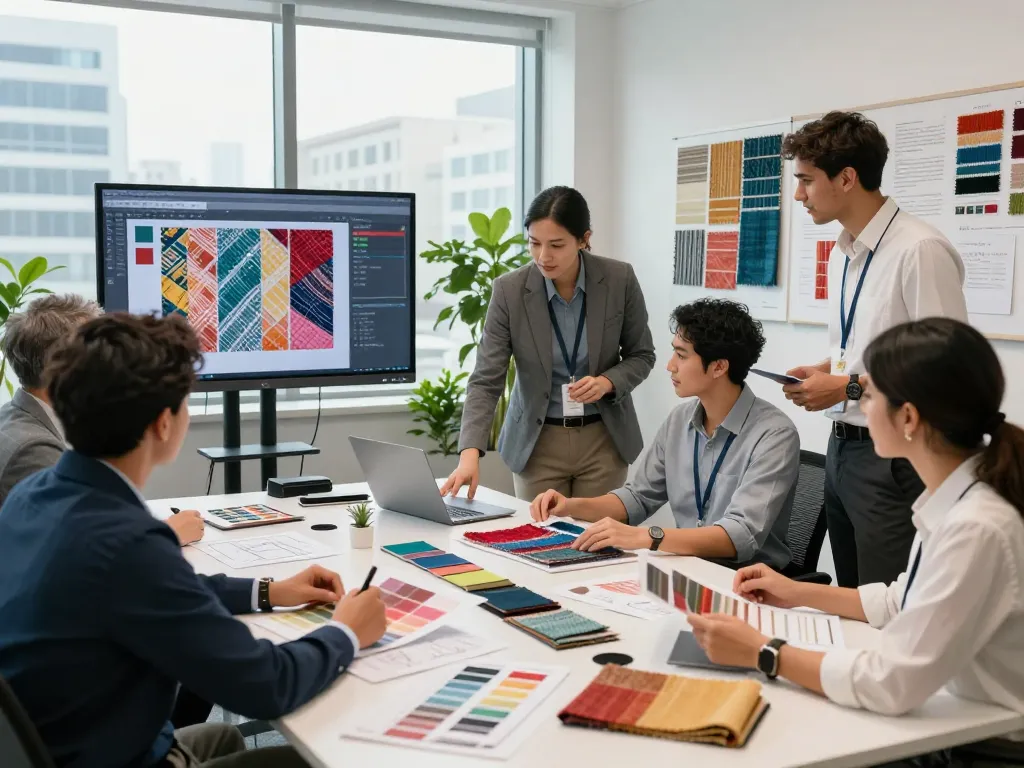Team discussing textile designs with sunwin fabrics in modern office