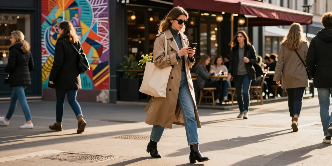 Fashion blog scene with a stylish woman confidently walking in a trendy urban outfit, highlighting modern street style.