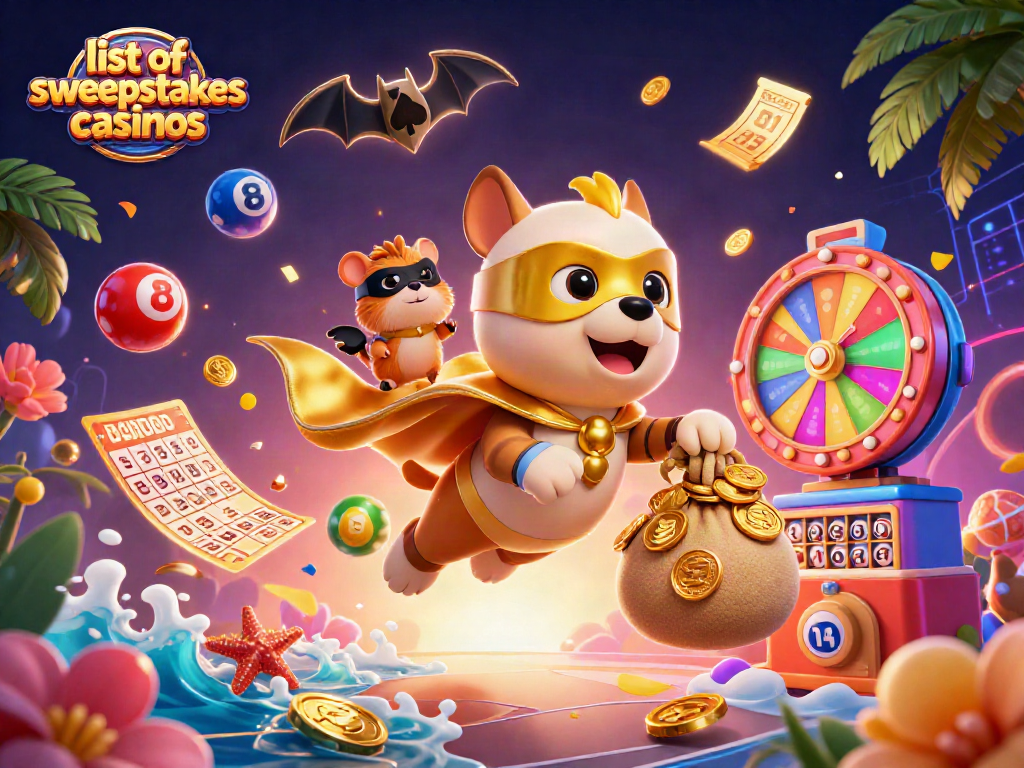 Engaging illustration highlighting the exciting world of sweepstakes casinos with a superhero dog and vibrant lottery elements.