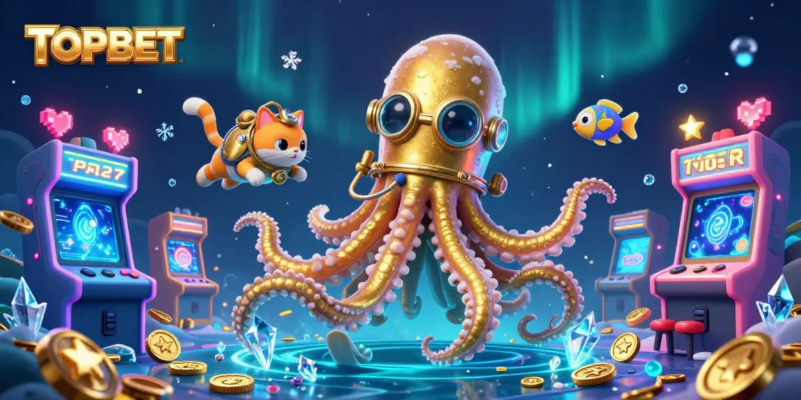 Engage with TOPBET in a vibrant underwater gaming scene featuring a cartoon kraken, diving cat, and arcade elements.
