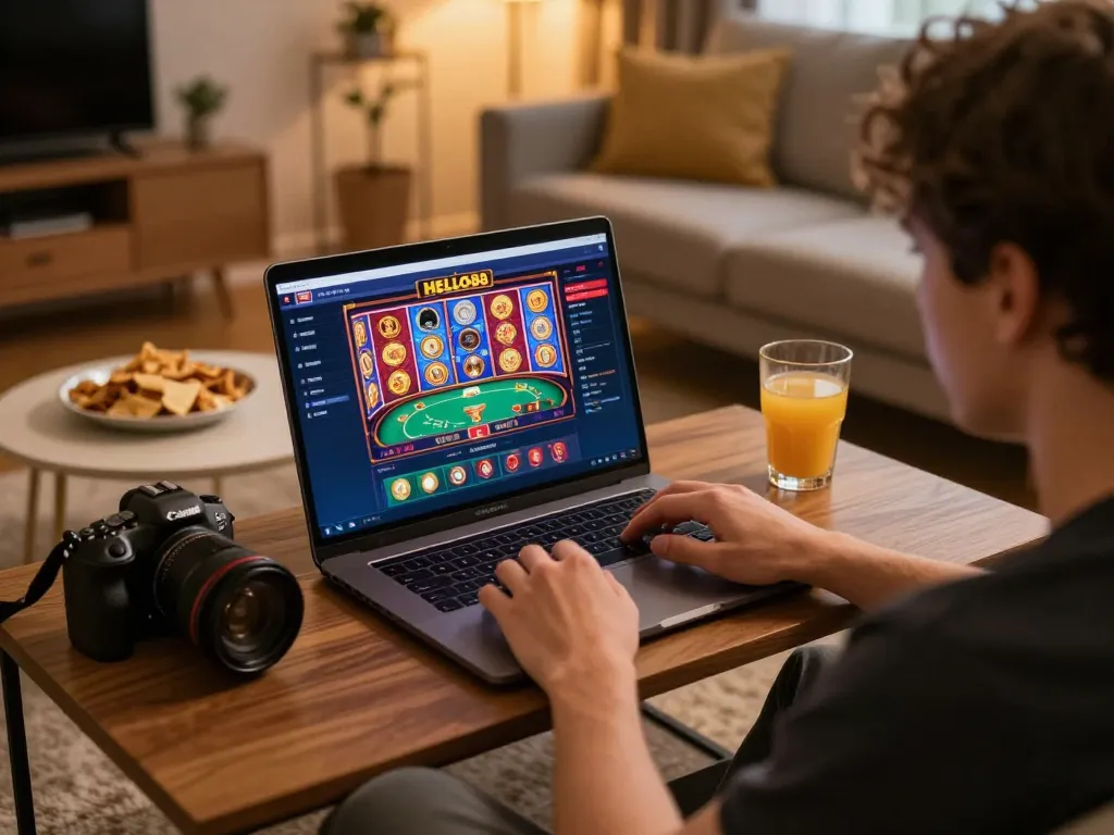 Engaged player using HELLO88 online casino platform on laptop in a cozy home setup.