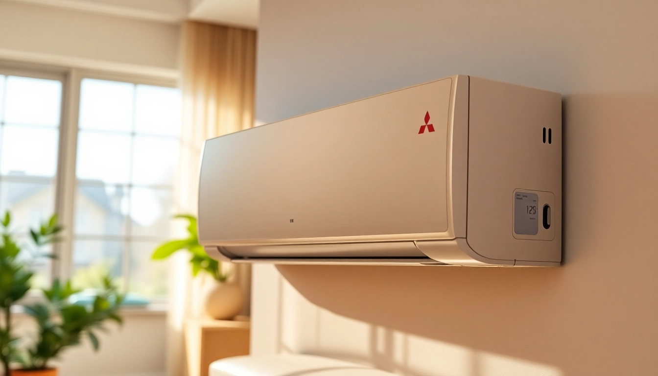 Mitsubishi mini split AC unit displayed in a modern living room, featuring a sleek design and natural lighting.
