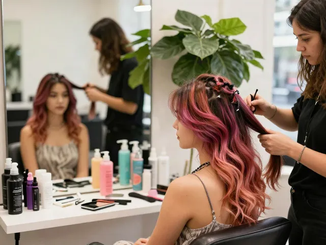 Tape-in extensions human hair application in a stylish salon setting.
