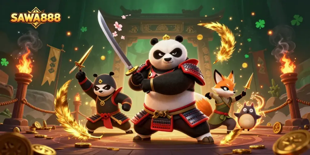 Engage with SAWA888's fierce samurai panda and ninja fox in a vibrant casino showdown.