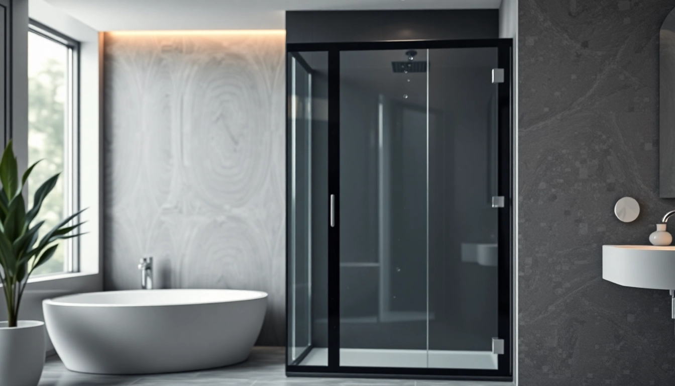 Stylish black shower door located in a modern bathroom design with elegant decor.