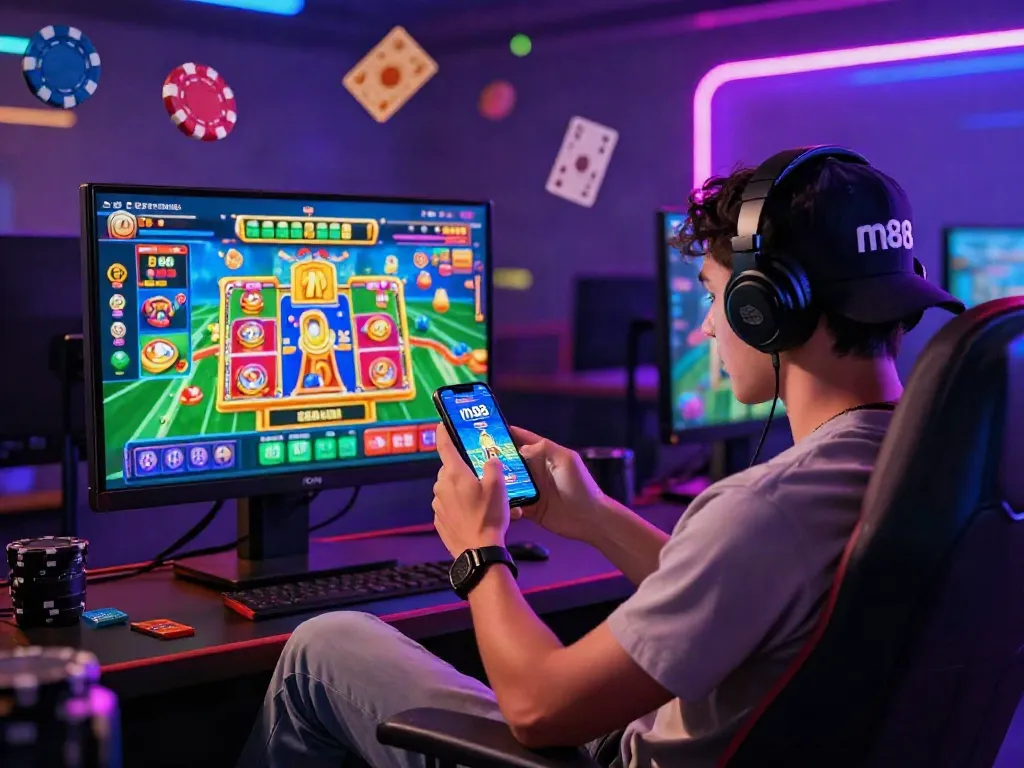 Engaging with m88 link mobile on smartphone, vibrant casino graphics, immersive online gaming atmosphere.