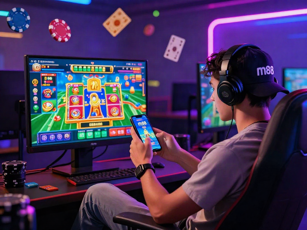 Engaging with m88 link mobile on smartphone, vibrant casino graphics, immersive online gaming atmosphere.