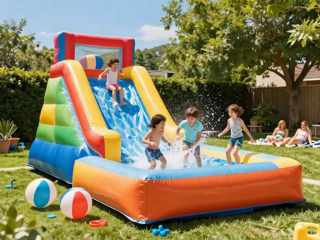 Children excitedly sliding down inflatable water slides water in a backyard summer scene.