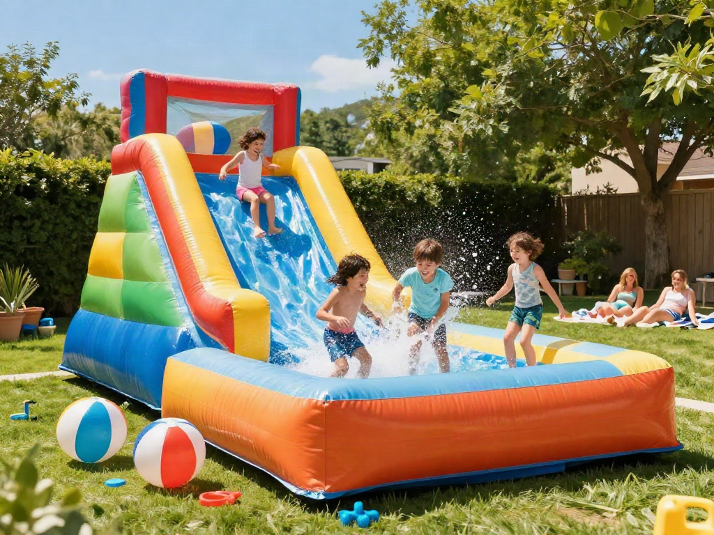 Children excitedly sliding down inflatable water slides water in a backyard summer scene.