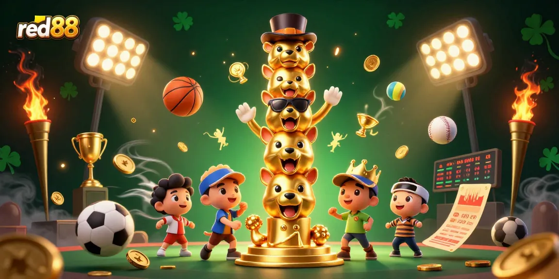 Engage with red88's vibrant 3D casino scene featuring playful totem characters and dynamic sports elements.