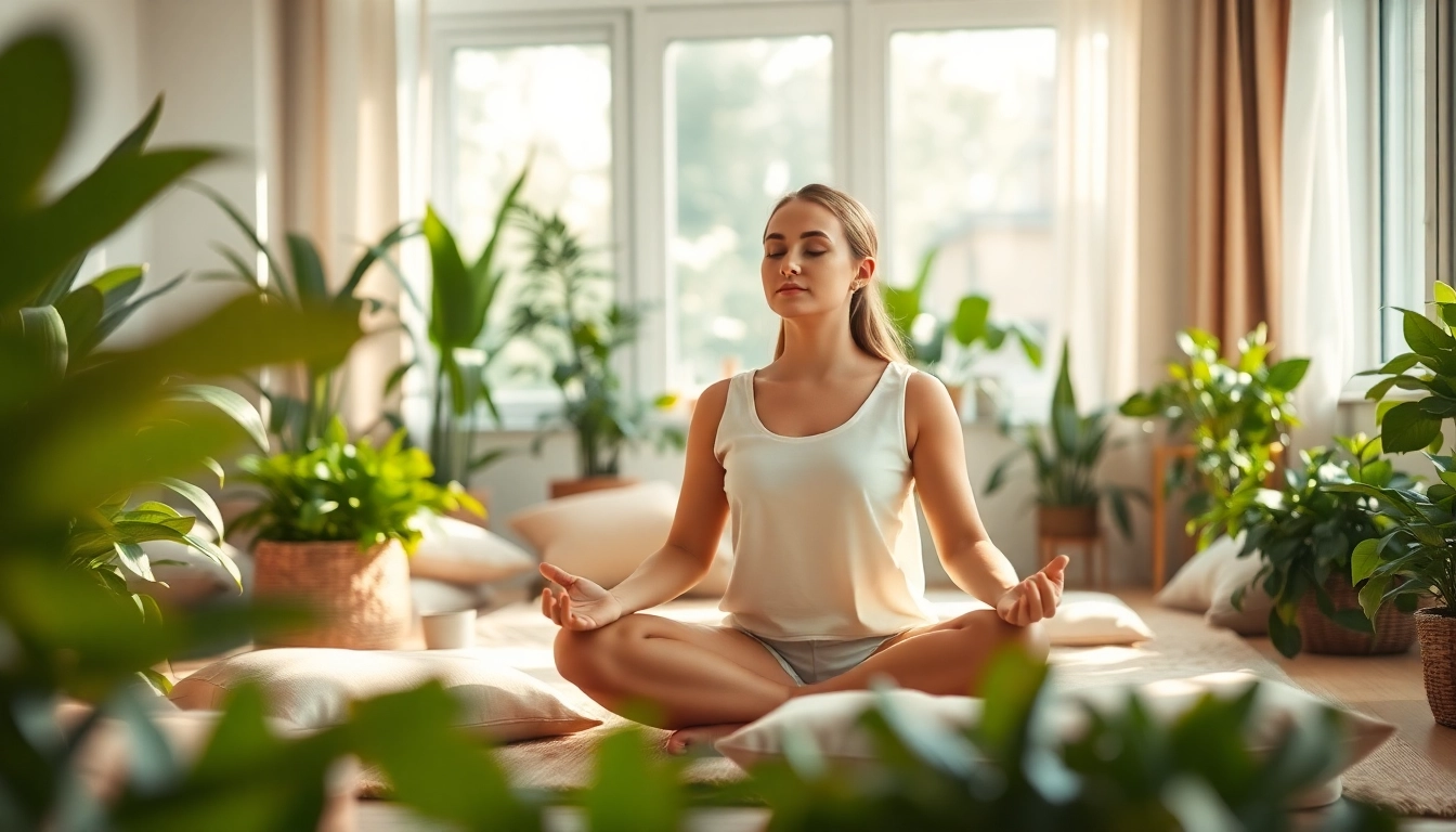 Embracing mental wellness through meditation in a tranquil, sunlit room with greenery.