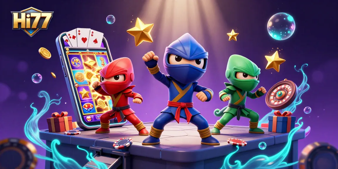 Experience thrilling gaming with Hi77 in an engaging 3D casino scene full of action and excitement.