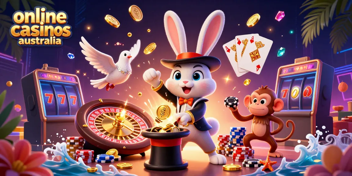 Experience the excitement of online casinos australia with a vibrant 3D illustration of magical casino antics.