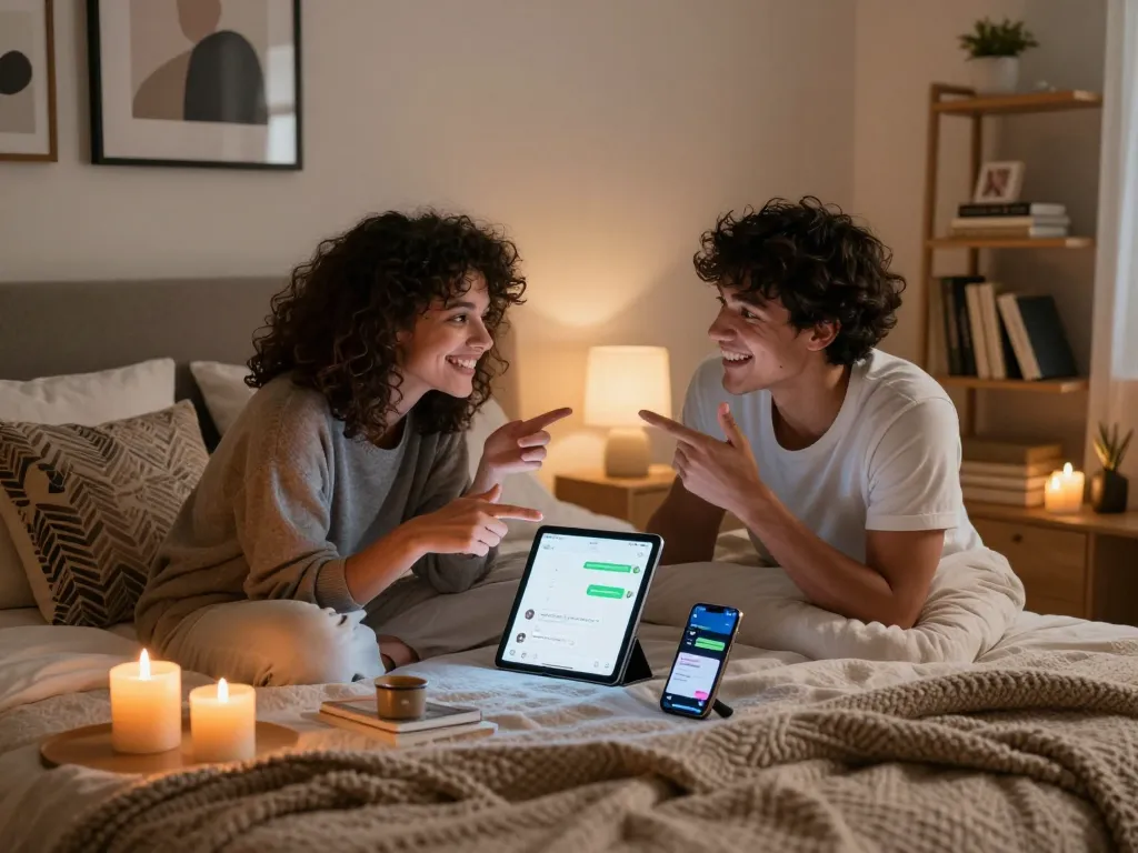 Engaging in playful conversation with a porn chat ai in a cozy bedroom setting.
