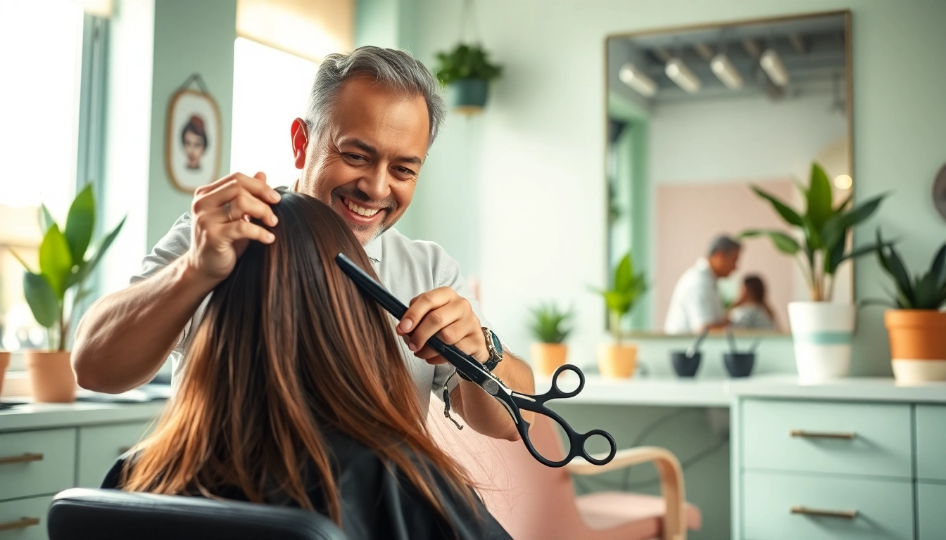 Cabeleireiro expertly cutting hair in a modern salon setting, showcasing professional hairdressing skills.