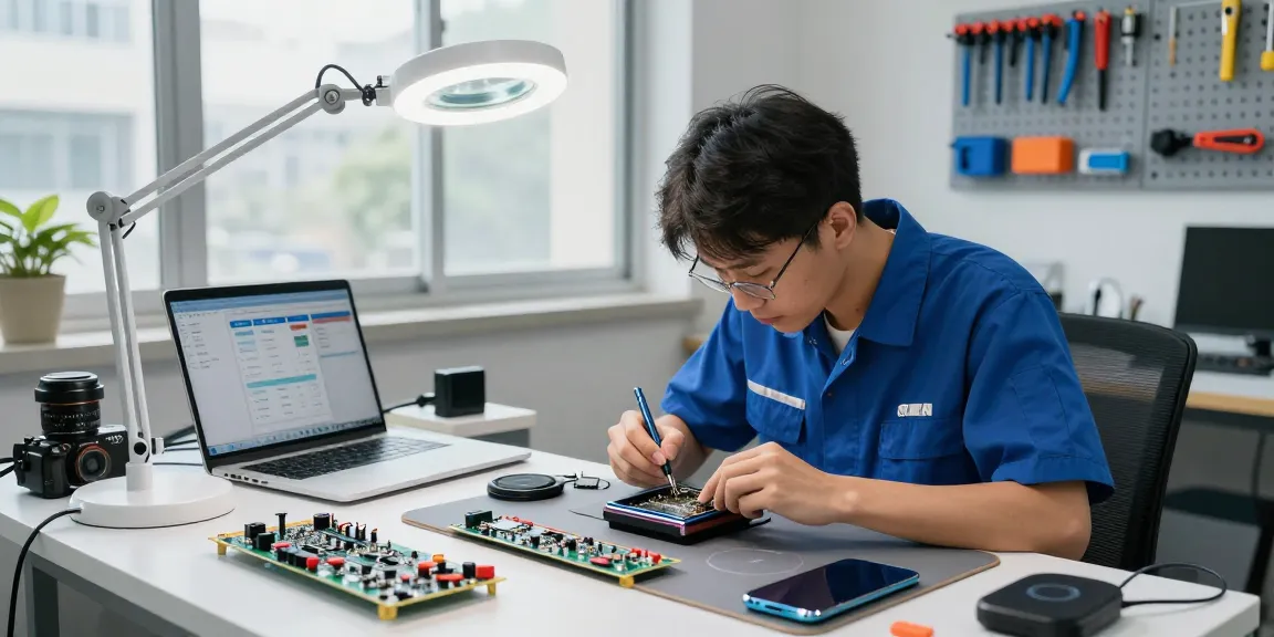 Mobile repair technician software in use at a professional workspace with tools, devices, and repair management dashboard.