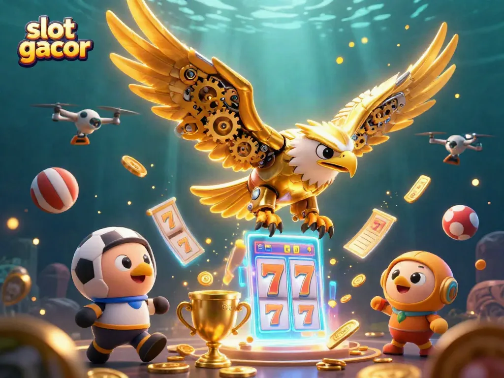 Experience slot gacor action with a dynamic illustration of a golden eagle and casino elements.