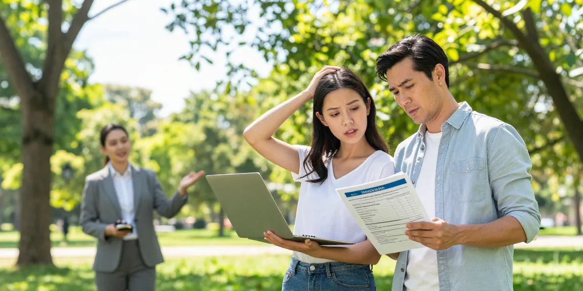 Couple relieved as they cancel timeshare with documents in a sunny park.