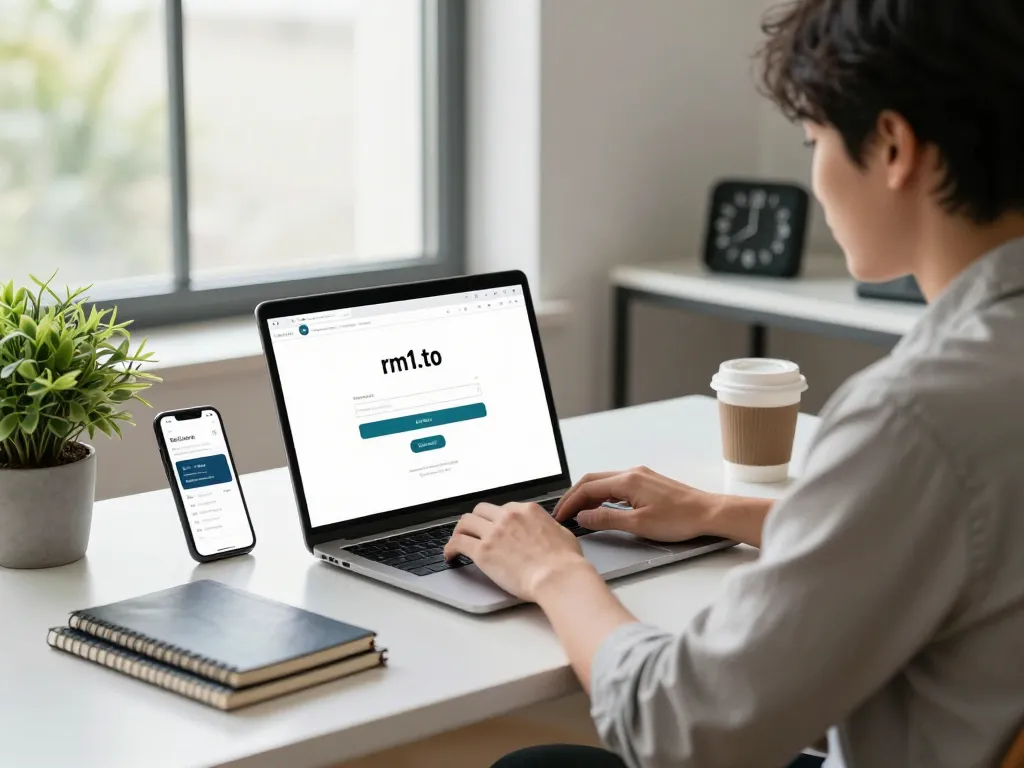 Secure rm1.to login in a modern office with user accessing dashboard.