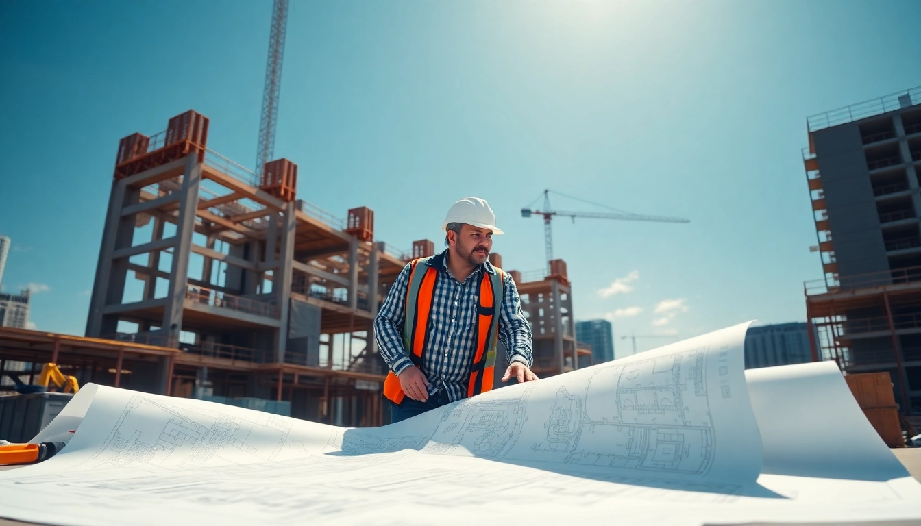 Manhattan Commercial General Contractor reviewing blueprints on a busy construction site.